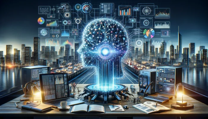 capa de apresentação destacando conceitos de Machine Learning com redes neurais, gráficos de dados e inovação tecnológica, ilustrando a transformação das indústrias através da inteligência artificial