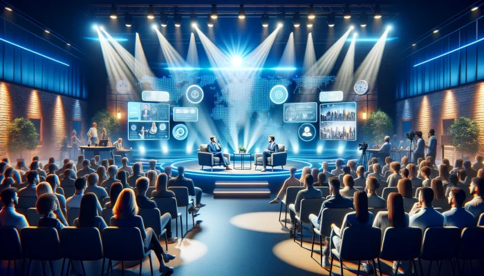 A imagem retrata um cenário dinâmico e envolvente de um evento corporativo no formato de talk show, com foco na combinação de entretenimento e discussão perspicaz para capturar e educar a audiência.