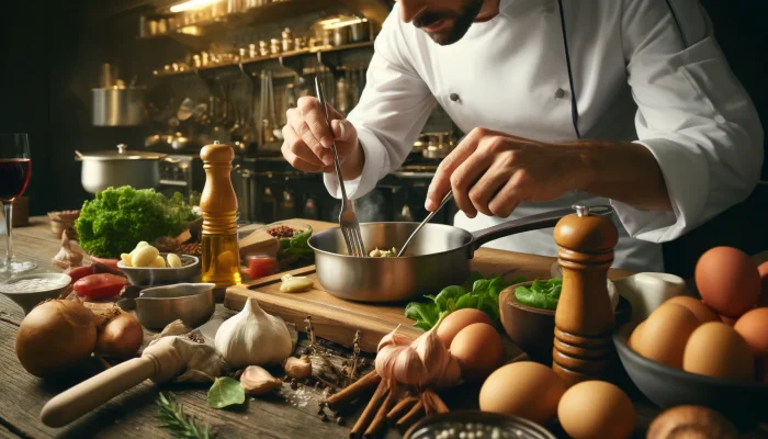 A imagem para o tema de gastronomia mostra um chef trabalhando em uma cozinha profissional, preparando um prato com uma variedade de ingredientes. O cenário sugere um ambiente de cozinha profissional, com utensílios de cozinha, panelas e frigideiras. O chef parece focado e habilidoso, usando técnicas precisas de culinária. O foco está nas ações do chef e na diversidade de ingredientes, enfatizando a criatividade e a precisão envolvidas na gastronomia.