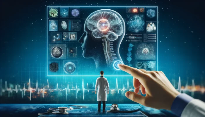 A imagem retrata uma situação real de uso da inteligência artificial em um ambiente hospitalar, ilustrando um médico utilizando tecnologia avançada para examinar dados de saúde do paciente.